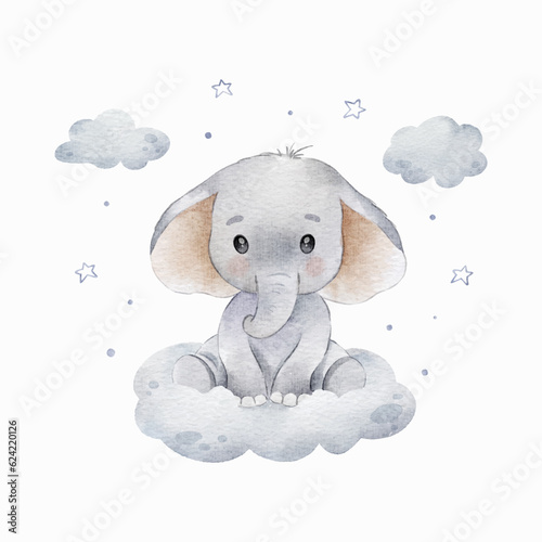 Cute baby elephant watercolor illustration