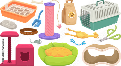 Pet shop accessories. Pets care supplies and toys for domestic animals, cartoon stuff cat and dog equipment items, collar bed food cage puppy kennel, set decent vector illustration