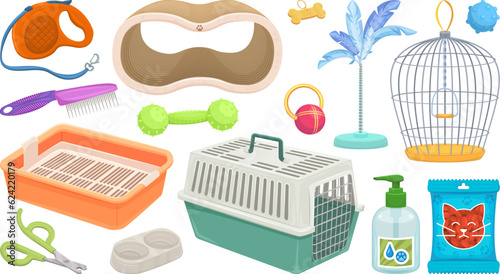 Pet supplies. Veterinary shopping products, pets accessories items kit for dog and cat domestic animals treat, toys puppy ball food shampoo leash cartoon decent vector illustration