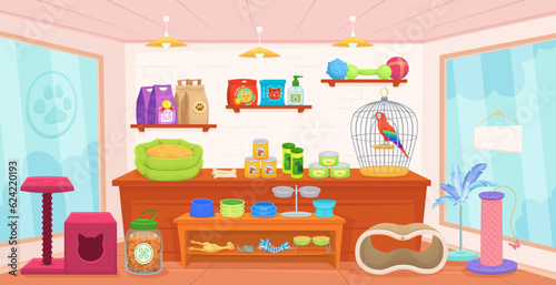 Pet shop interior. Cartoon room indoor zoo store, pets shopping inside or domestic animal house, small petshop home sales toy accessories for dog and cat decent vector illustration photo