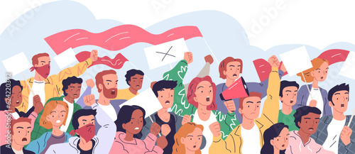 Crowd protesters marching. Angry protesting people rally on street demonstration justice freedom revolution parade or strike political protest propaganda classy vector illustration