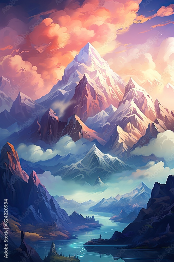 There is a painting with a mountain range, clouds, and sun rays. (Illustration, Generative AI)