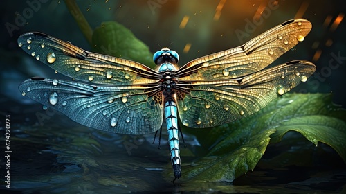 Dragonfly on a leaf, with water droplets, in close-up. (Generative AI) © HandmadePictures