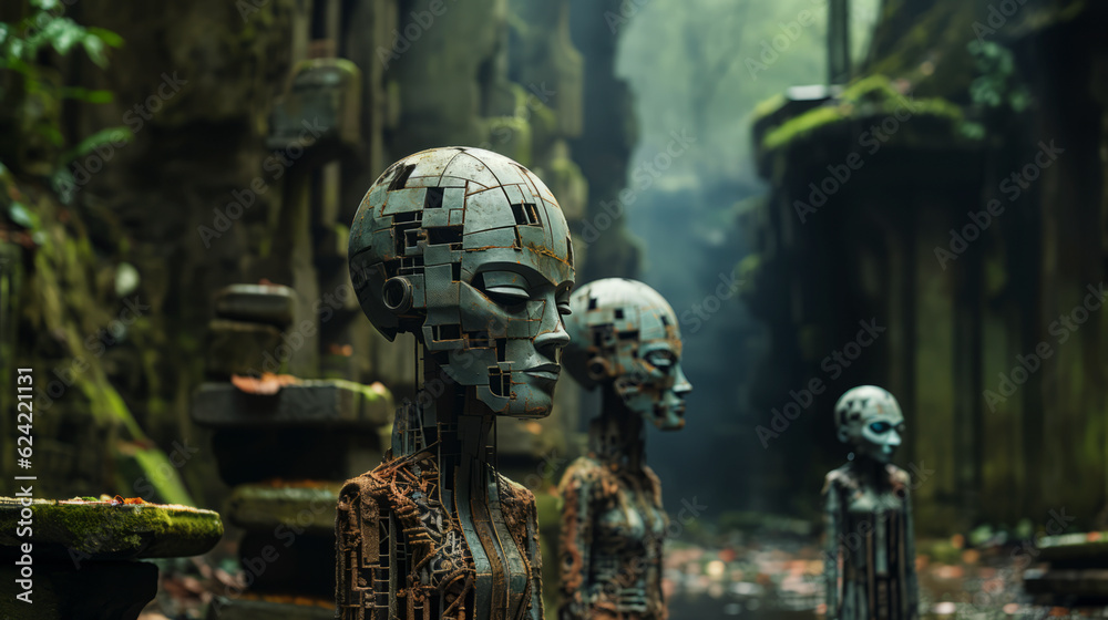Futuristic Cyborg Statues in Exotic Rainforest. Abstract Sculptures of weathered Stone and Metal.