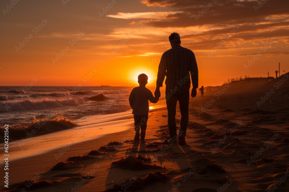 Father And Son On Beach At Sunset, Generative AI