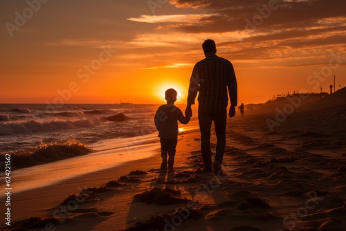 Father And Son On Beach At Sunset, Generative AI © ManusiaIkan
