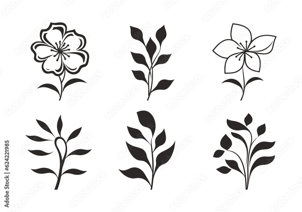 Set of flower design in flat black color vector illustration