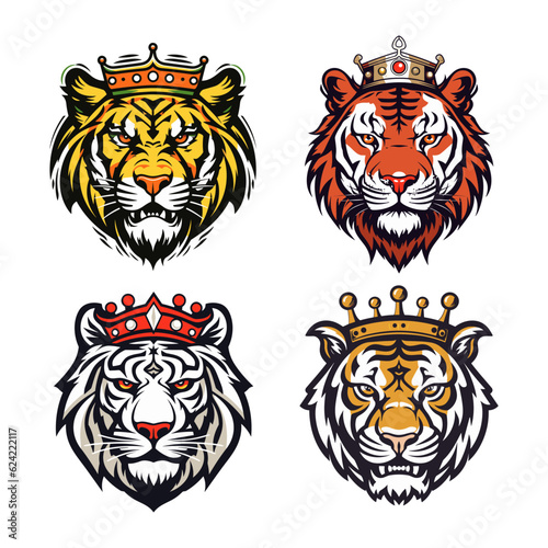 Set of vector tiger head mascot with crowns logo design concept