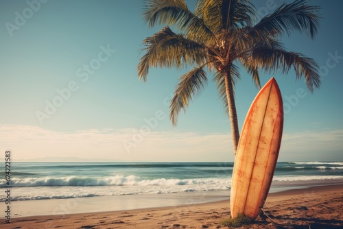 Vintage Surfboard And Palm Tree  Generative AI.