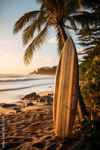 Surfboard And Palm Tree On Beach Background, Generative AI 