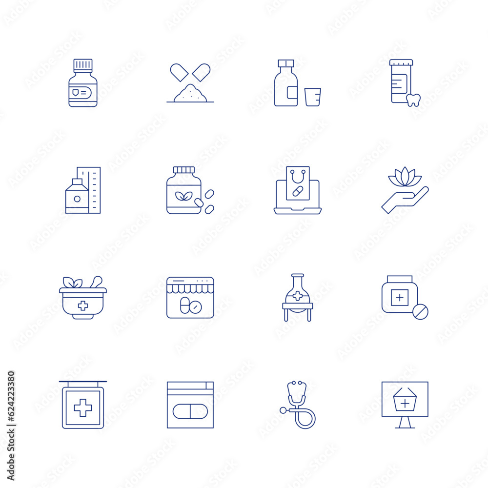 Pharmacy line icon set on transparent background with editable stroke. Containing medicine, pill, syrup, pills, vitamins, buy online, alternative medicine, mortar, online pharmacy, flask, pharmacy.