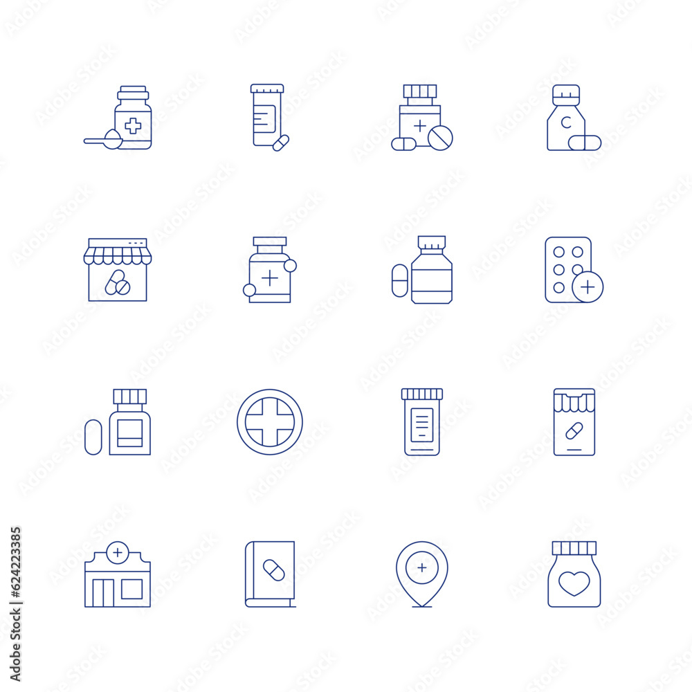 Pharmacy line icon set on transparent background with editable stroke. Containing dose, drugs, pills, vitamin c, online pharmacy, pharmacy, pill, tablets, medicine, book, jar.