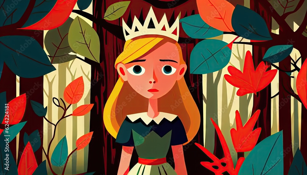 Pretty cartoon princess character in the abstract flower forest with serene face. Fairytale kids baby or children book style character. Generative AI