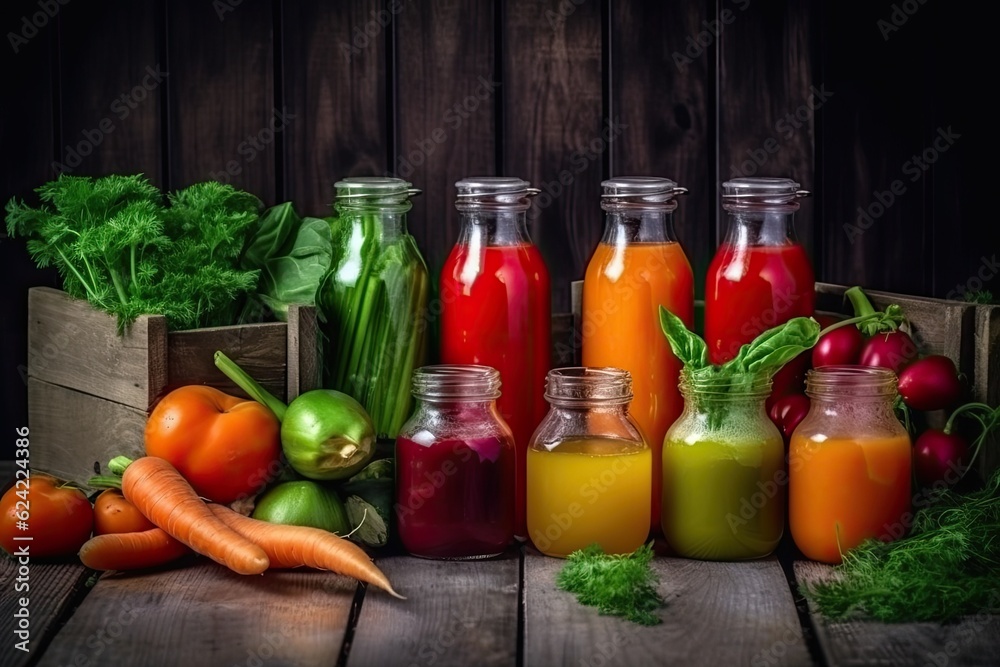 colorful variety of fruit juices on a tabletop. Generative AI colorful variety of fruit juices on a tabletop. Generative AI