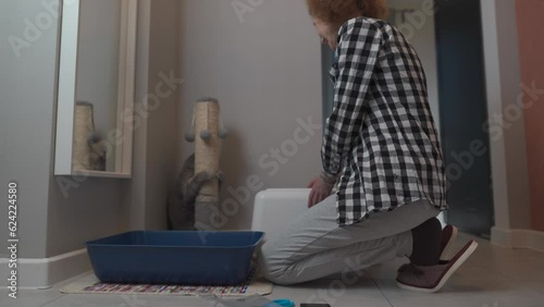 Senior woman assembles new cat litter box together with pet at home. Elderly female playing with cat sets hooded litter box for pet to go to toilet. Pet care, hygiene concept. Hooded cat litter pan.