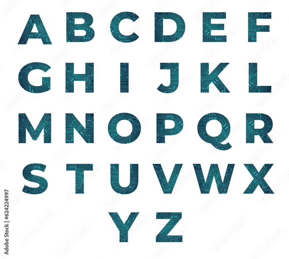 ABC circuit board font, digital technology, futuristic alphabet, modern blue colour fonts vector illustration