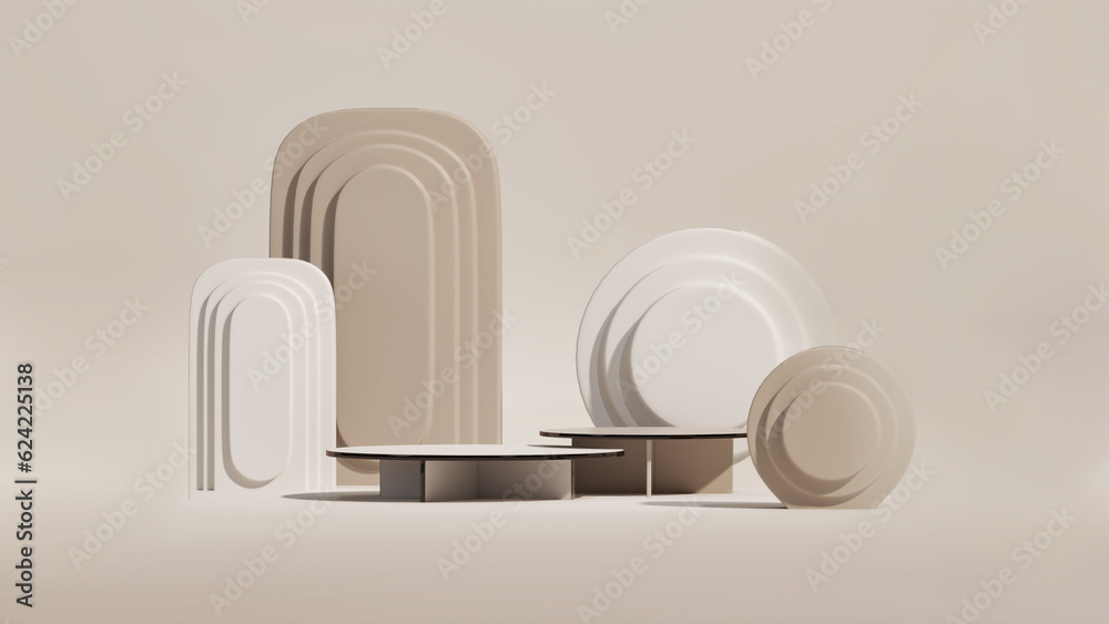 Fototapeta premium Minimal scene with arch podium and abstract background. Pastel cream and beige scene. Mock up for the exhibitions, presentation of products, therapy, relaxation, health. 3d render