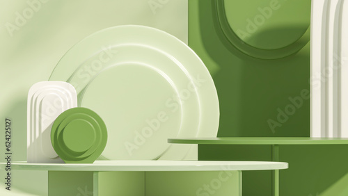 Minimal scene with arch podium and abstract background.White and green colors scene. Trendy 3d render for social media banners, promotion, cosmetic product show. Geometric shapes interior.	
