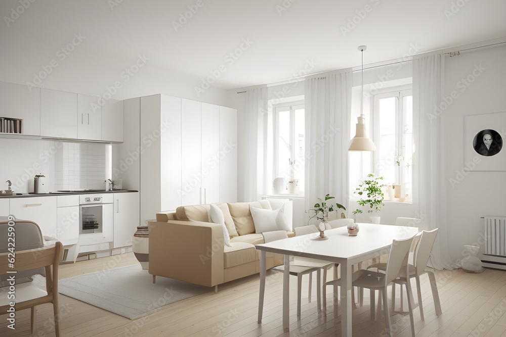 Fototapeta premium interior design spacious bright studio apartment in Scandinavian style and warm pastel white and beige colors. trendy furniture in the living area and modern details in the kitchen area. modern room.