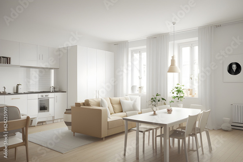 interior design spacious bright studio apartment in Scandinavian style and warm pastel white and beige colors. trendy furniture in the living area and modern details in the kitchen area. modern room.