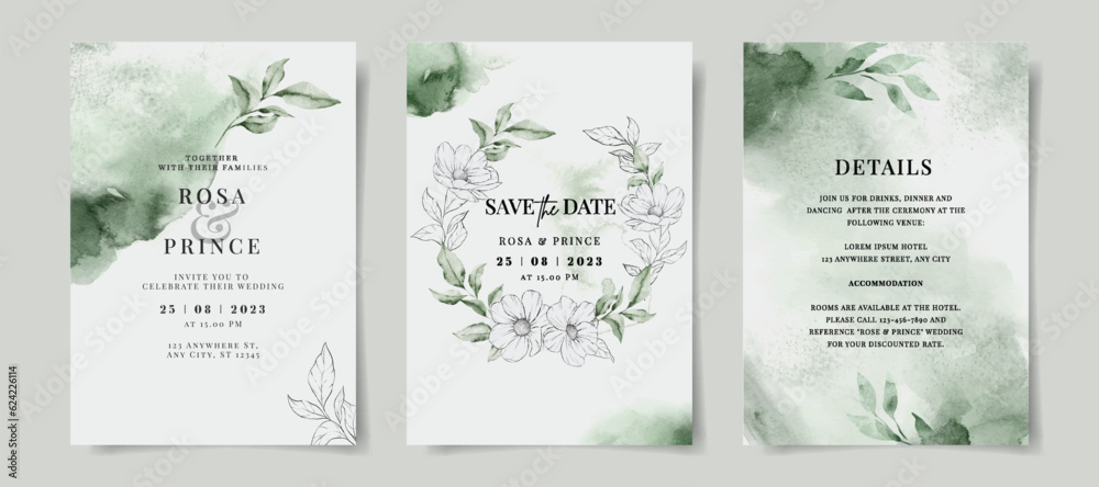 Elegant watercolor wedding invitation with hand drawn floral and leaves