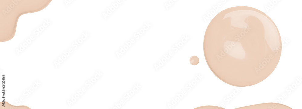 Light Nude liquid foundation, concealer smear smudge drop. bb cream swatch sample isolated on white background. Cosmetic liquid foundation, moisturizer, banner, top view. Space for text cover Light Nude liquid foundation, concealer smear smudge drop. bb cream swatch sample isolated on white background. Cosmetic liquid foundation, moisturizer, banner, top view. Space for text cover