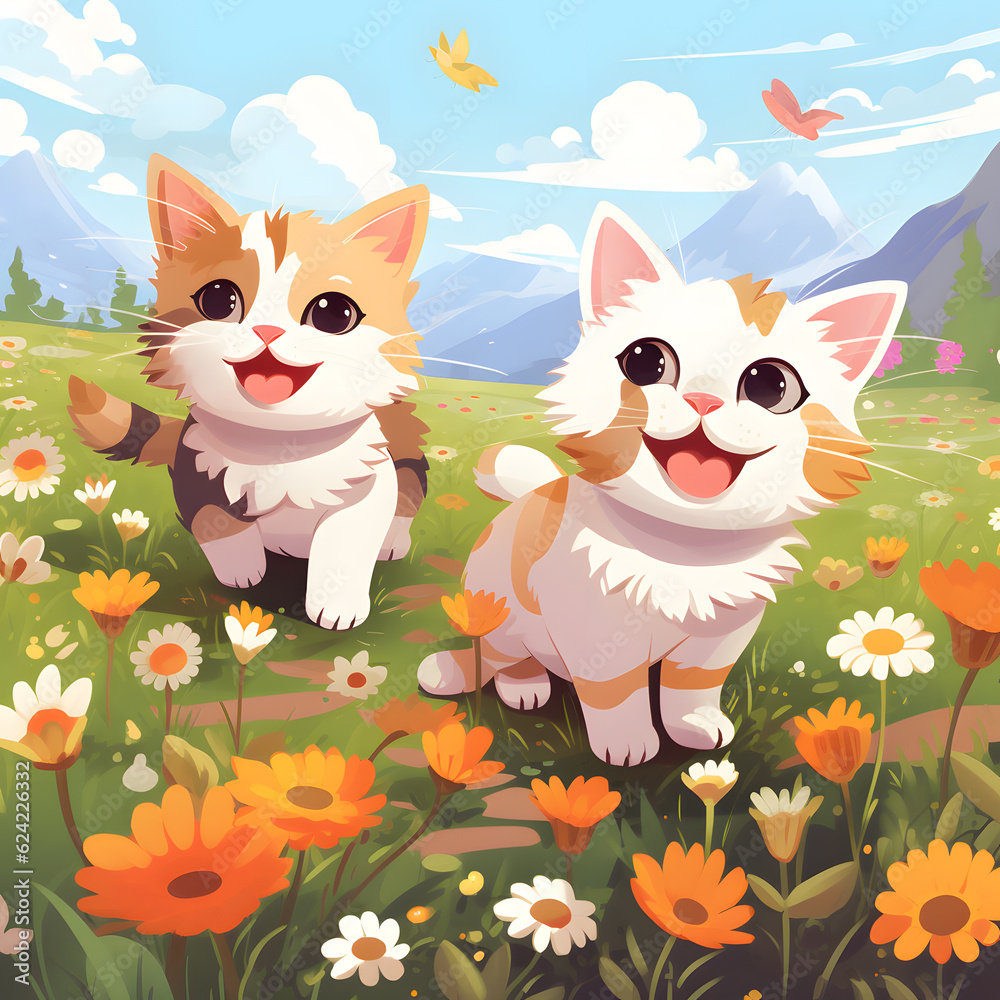 Illustration of cute kittens playing in field of flowers