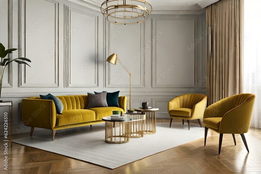 Luxury premium living room with two yellow mustard armchairs and a golden brass table. Dark room interior design. Mockup space ivory beige brown color. 3d rendering	