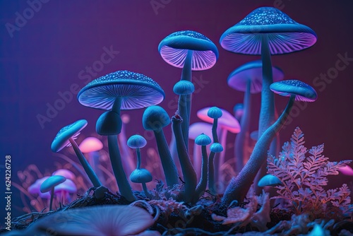 glowing mushrooms in a dark forest. Generative AI