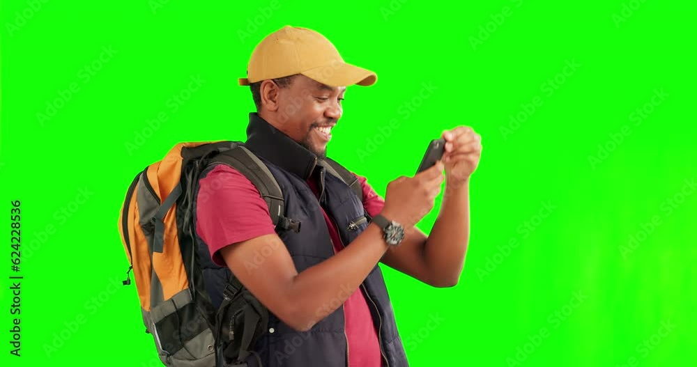 Green screen, travel and black man with phone photography on adventure, journey or happy memory of hiking with backpack. Smartphone, taking pictures and excited tourist trekking on tour or hike Green screen, travel and black man with phone photography on adventure, journey or happy memory of hiking with backpack. Smartphone, taking pictures and excited tourist trekking on tour or hike