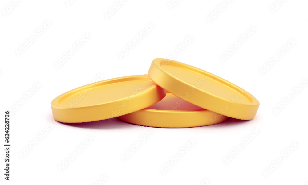 Three golden blank metal coins, 3D realistic money. Gold coins pile ...