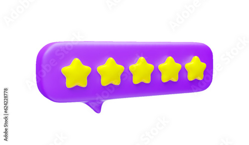 Five stars feedback speech chat bubble 3d realistic style. Conversation balloon with five golden stars. Social network rating, best service satisfaction, positive user experience vector illustration