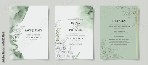 Elegant watercolor wedding invitation with hand drawn floral and leaves