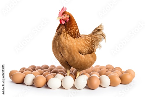 Brown chicken with eggs isolated on a white background