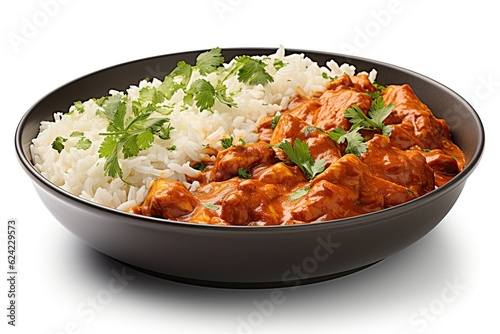 Chicken curry with rice traditional indian food isolated on white background