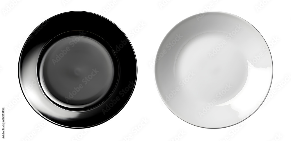 Set of black and White ceramic plate on transparent background cutout, PNG file. Mockup template for artwork graphic design - obrazy, fototapety, plakaty 