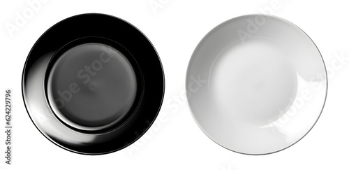 Vászonkép Set of black and White ceramic plate on transparent background cutout, PNG file