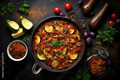 French cuisine, Ratatouille, vegetable stew of sliced eggplant, zucchini, onion, potato and tomatoes
