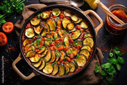 French cuisine, Ratatouille, vegetable stew of sliced eggplant, zucchini, onion, potato and tomatoes photo