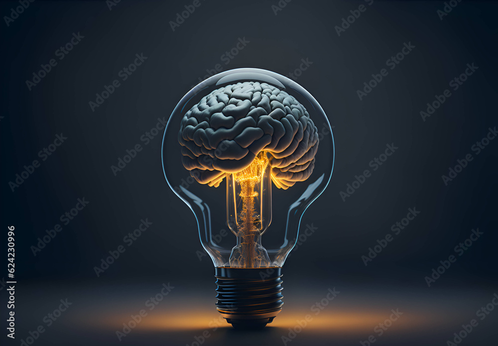 light bulb with human brain inside of it on black background light bulb with human brain inside of it on black background