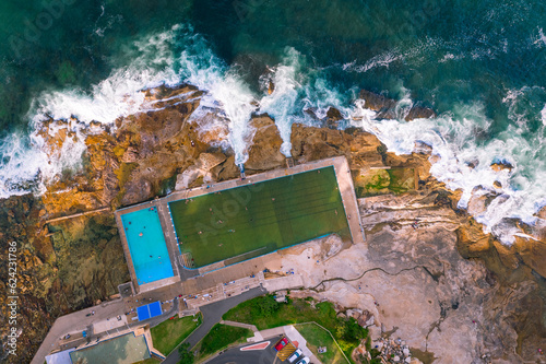 Panoramic drone aerial view over Dee Why rock pool