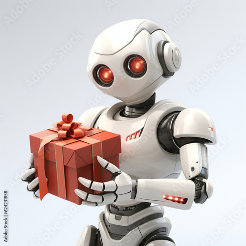The robot bot gives a gift in a red box . Illustration, AI generation.