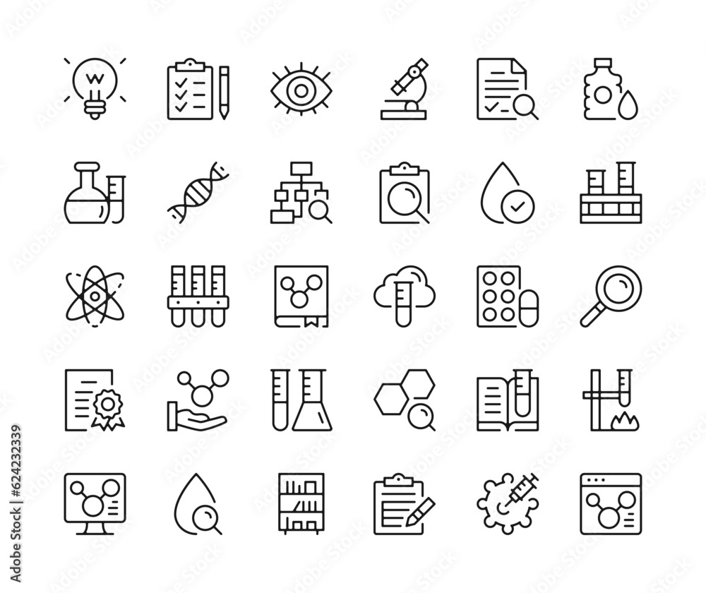 Chemistry. Vector line icons set. Chemical lab, science, education, scientific experiment, flasks and test tubes, chemical laboratory concepts. Black outline stroke symbols