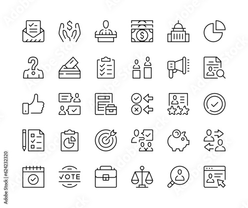 Elections. Vector line icons set. Political debates, politics, ballot box, voting concepts. Black outline stroke symbols