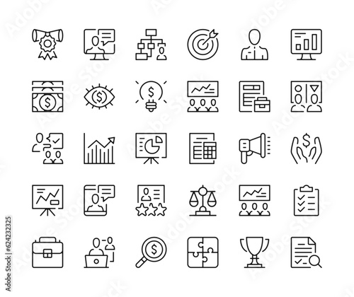Business consulting. Vector line icons set. Business expert, advisory, analysis, planning, financial advice concepts. Black outline stroke symbols