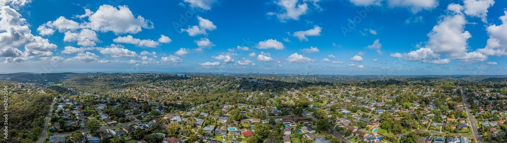 Drone aerial view over suburbs of Northern Beaches Sydney