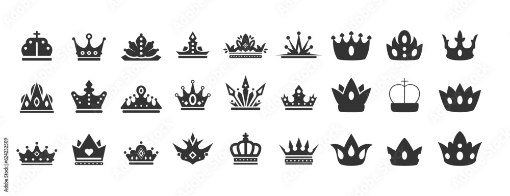 Set of Black crown isolated on gray background