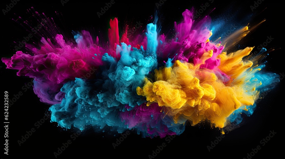 Colorful CMYK powder explosion isolated on dark background