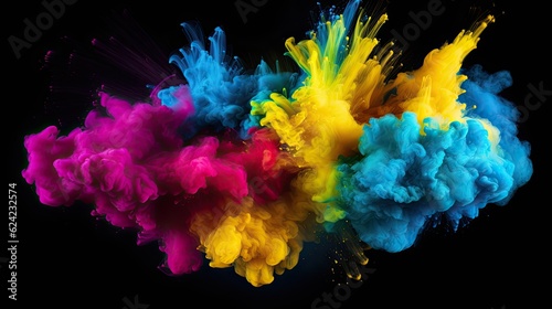 Colorful CMYK powder explosion isolated on dark background