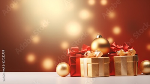 Merry Christmas and Happy New Year, Xmas Gift Boxes Decoration Background. Generative Ai